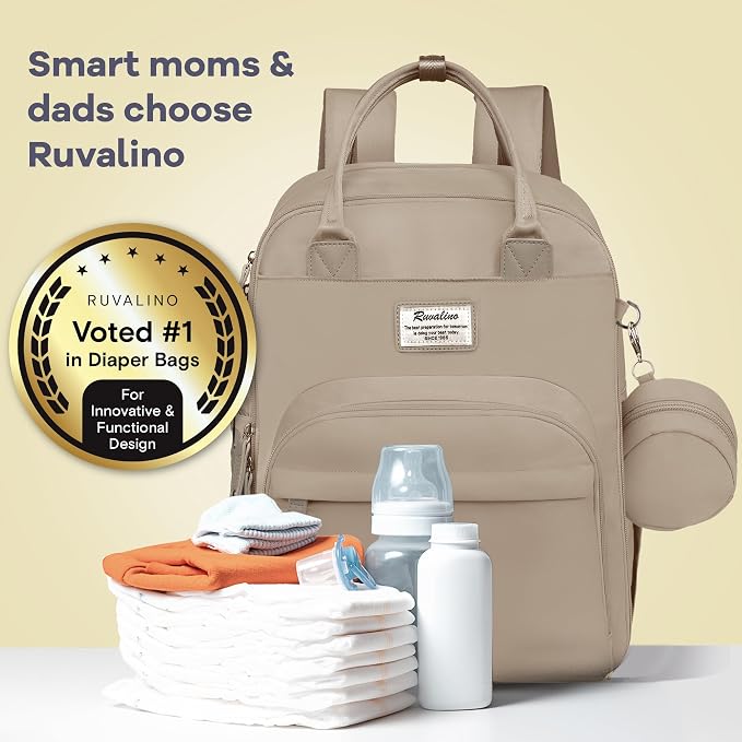 RUVALINO Diaper Bag Backpack-Multifunction Baby Travel Bag with Changing pad, Insulated Bottle Holders & Pacifier Case, Large Capacity, Waterproof, Clay - Image 7