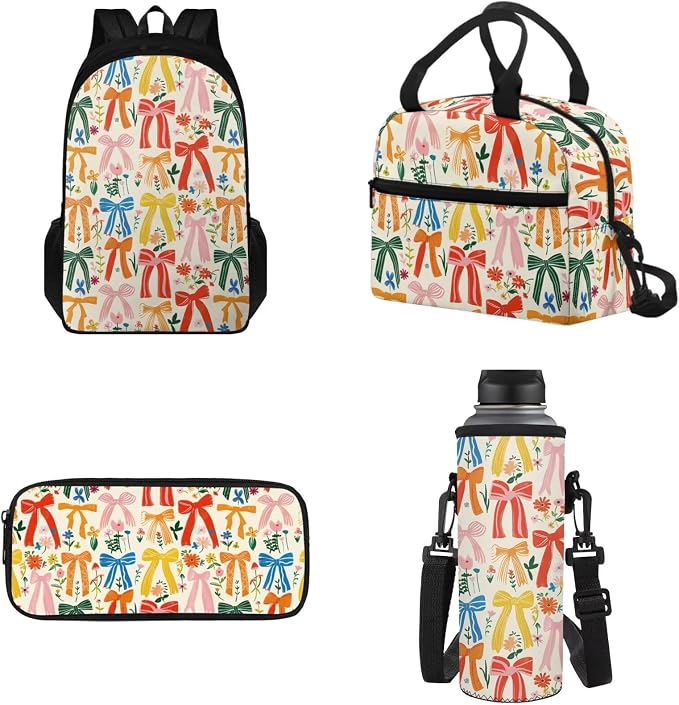 Girls Bow Prints Backpack with Leakproof Lunch Box Pencil Box Water Bottle Bag for School, Large Capacity School Bag for Kids Kindergarten, Primary School by Tomeusey