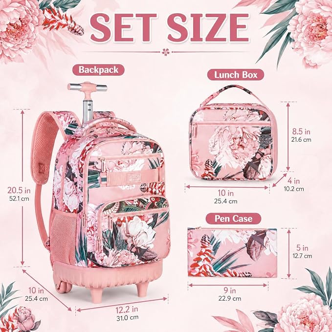 3Pcs Rolling Backpack for Girls Women, 19 Inche Adults Roller Bag with Wheels, Flower Wheeled Bookbag with Lunch Box(Pink) - Image 4
