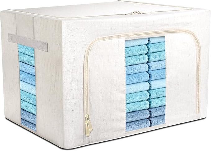 Foldable Clothes Storage Bins with Solid core powder-coated steel fram, 24/ 66L Storage Bags Fabric Box Organizer with Clear Window Zippers Sturdy Handles 2 Pack (Beige, 66L 1Pack) by Amengsen