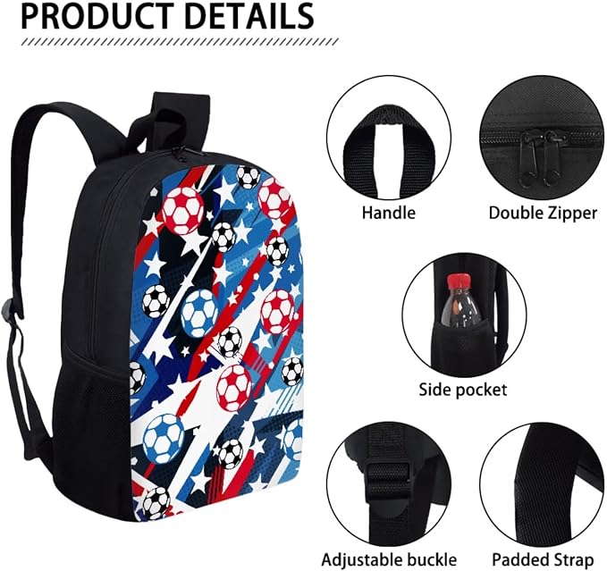 Patriotic Soccer Star Print Reusable School Bookbag Set for Teenage Girls, 4th of July Backpack Set with Insulated Lunch Shoulder Box and Pencil Case, Children's Knapasck Set, Blue - Image 4