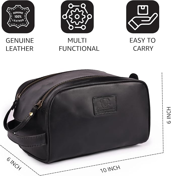 Premium Leather King Size Toiletry Travel Pouch – Handcrafted Dopp Kit Bag with Waterproof Lining, Spacious Design for Travel Essentials, Elegant Black Finish - Image 5