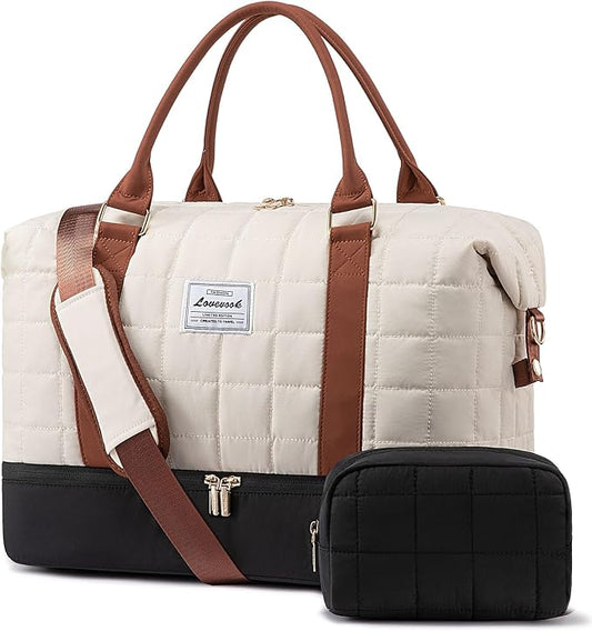 LOVEVOOK Large Duffle Bag for Travel, Puffer Weekend Bags for Women Travel Tote, Carry on Duffel Bag for Airplanes, 18 Inch Personal Item Bag Gym Bag Women, Black-White-Brown by LOVEVOOK