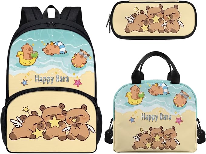 Capybara Happy School Backpack for Girls, 3Pcs Students Backpack, Elementary Bookbag Sets with Lunch Box Pencil Case for School by CndexdWearfunPrintjoy