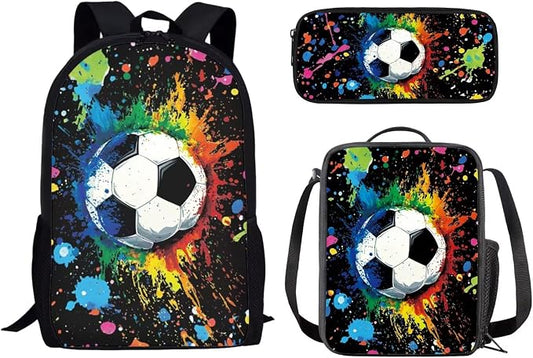 Mumeson Football Student 17 inch Backpack Schoolbag Set Rucksack for Girl Boys Large Capacity Organizer Book Bags with Insulated Thermal Lunch Bag Small Pencase by Mumeson