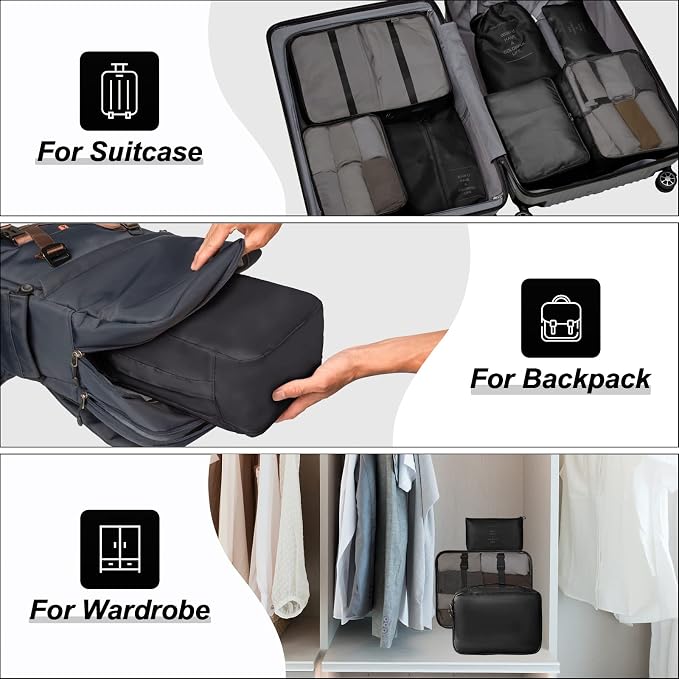 Travel organizer 7 in 1 Packing Cube For Travel Space Saver Laundry Cosmetics Luggage makeup Bag Organizers Set with Shoe Bag for travel (Black) - Image 4