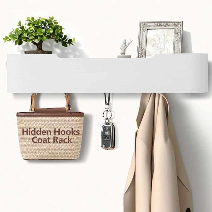 Coat Rack Wall Mount with Hidden Hooks Modern Key Holder Wood Entryway Hook with Shelf for Bedroom Kitchen Hallway Bathroom Designed for Hanging Coats Hats Bags Towels Dog Leashe(White,5 Hooks) by Jadoxy