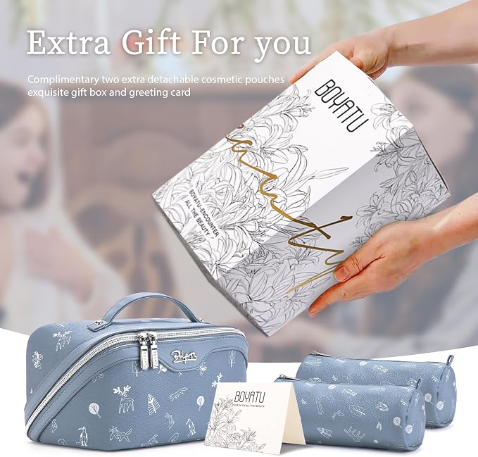 BOYATU Travel Makeup Bag Cosmetic Bags for Women: 3 Pcs Set Portable Make up Bag with Handle - PU Leather Toiletry Bags with Compartments - Makeup Organizer for Travel Essentials(L-2-Blue) - Image 6