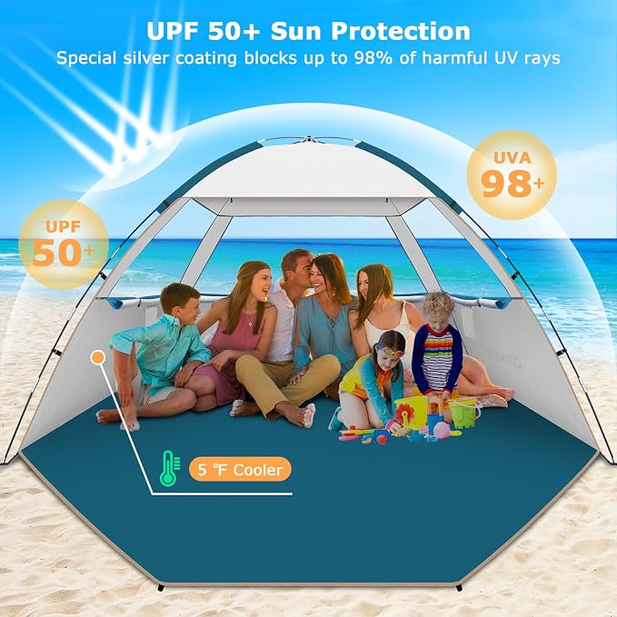 COMMOUDS Beach Tent Sun Shelter for 3/4/6/8 Person, UPF 50+ UV Protection Beach Shade Canopy Tent, Lightweight, Easy Set Up and Carry - Image 3