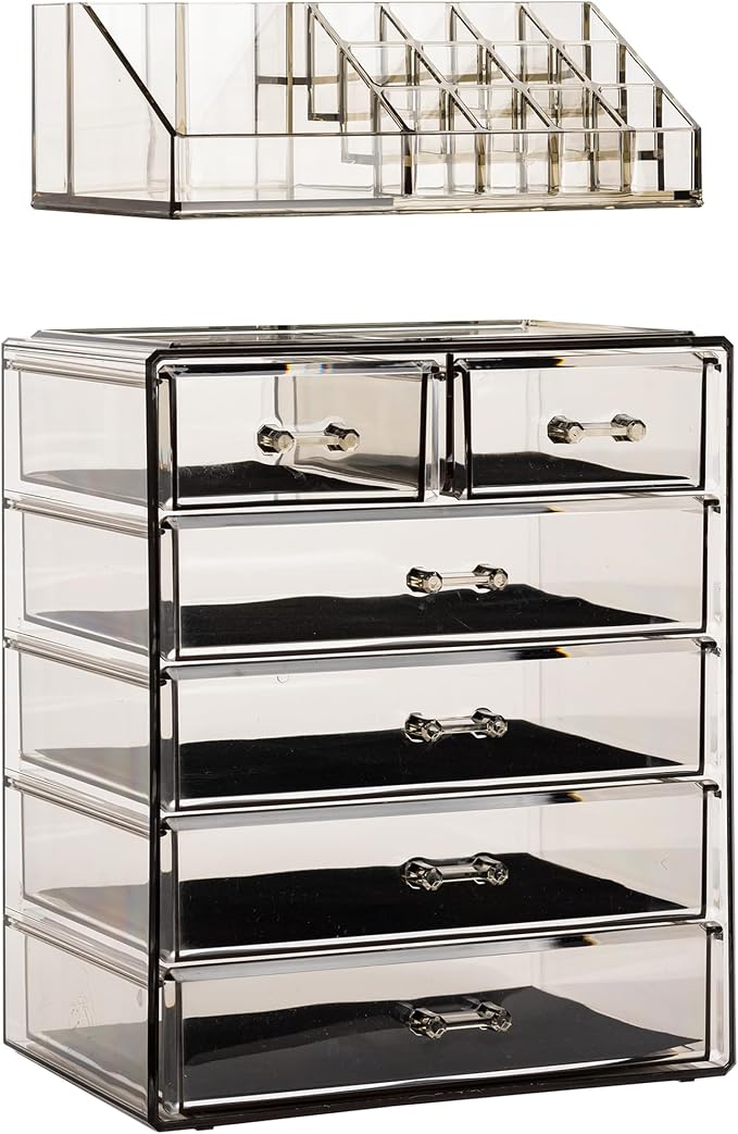 Sorbus Acrylic Makeup Organizer Set, 6-Drawer Vanity & Countertop Cosmetic Storage with Small & Wide Compartments, Black-Tint Makeup Storage for Brushes, Jewelry – Holiday Gift for Women & Teens - Image 8