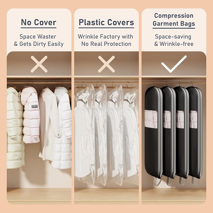 DIMJ 3 Pack 43" Garment Bags for Hanging Clothes - Space Saving Compression Suit Bag Travel with Handles Window, Washable Carry Clothing Storage Cover for Dress, Coats, Down Jacket, Shirts - Image 4