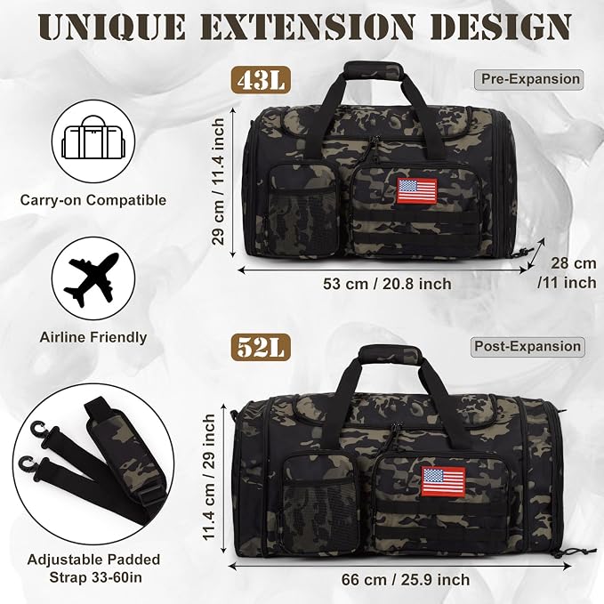 Tactical Duffle Bag For Travel Expandable 52L Large Duffle Bag For Men Gym Duffel With Wet Pocket Multi-Functional Carry On Bags Weekender Overnight Bag Organizer Duffel Bag For Travel - Image 4