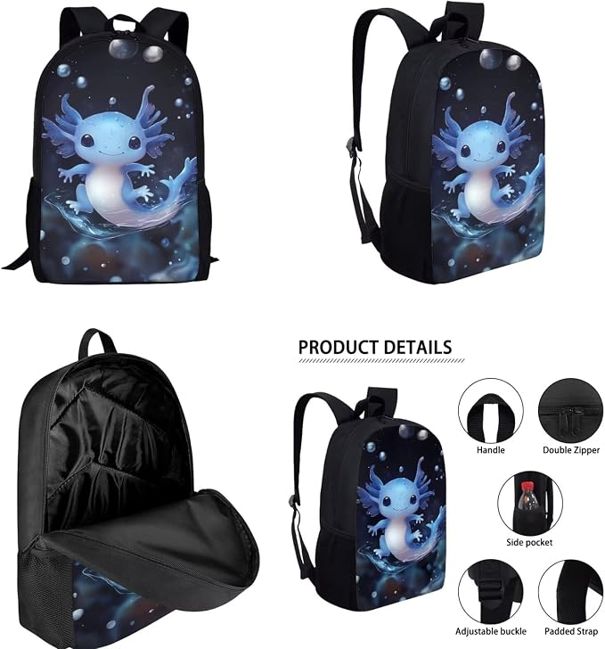 Blue Axolotl Backpack and Lunch Box Set Girl 6-8/4-6/8-10 Kids Bookbags for 1st Grade 4PCS Elementary School Back Pack with Lunch Bag Pencil Case Water Bottle Carrier 17in Student Schoolbag - Image 2