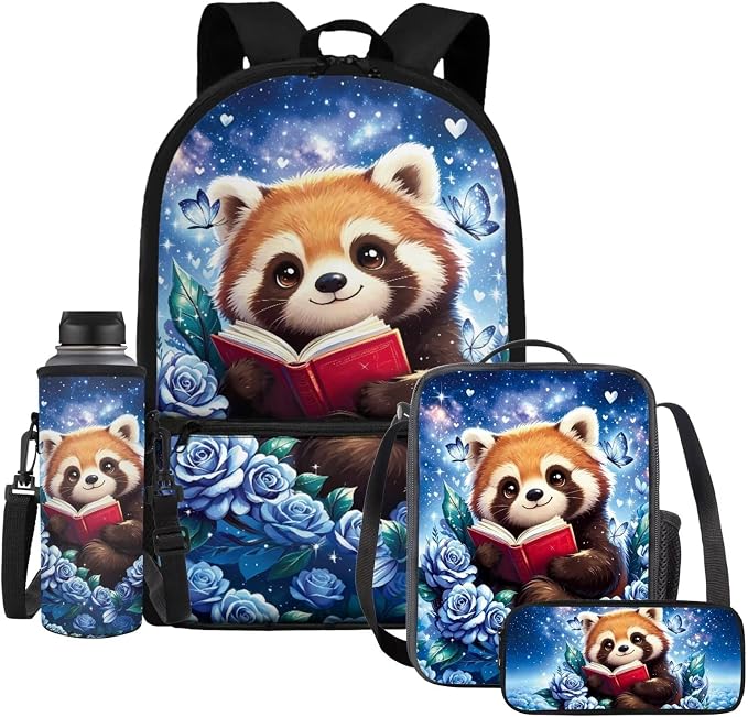 Red Panda Backpack Girls 17 Inch Large Capacity School Bag with Lunch Bag, 4-in-1 Set, Reading Animal Bookbag and Pencil Case Water Bottle Holder Back to School Supplies by Dremagia