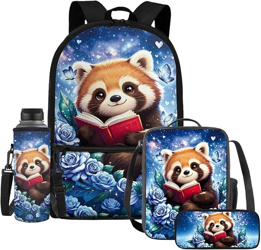 Red Panda Backpack Girls 17 Inch Large Capacity School Bag with Lunch Bag, 4-in-1 Set, Reading Animal Bookbag and Pencil Case Water Bottle Holder Back to School Supplies by Dremagia