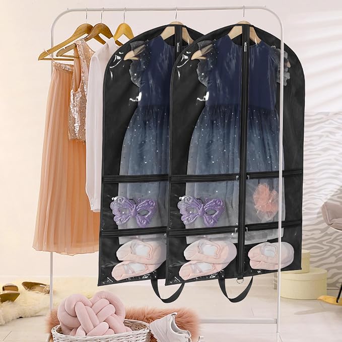 LOVEGRASS Kids Garment Bag for Dance Costumes, 40" Dance Garment Bags for Dancers with 4 Clear Zipper Pockets, Foldable Dance Competition Garment Bags for Hanging Clothes, 3 Pack, Black - Image 5