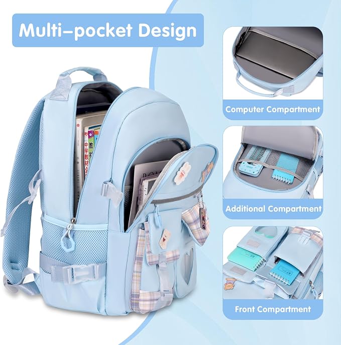 ACESAK Backpack for Girls with Headphones - Girls Backpack with Lunch Box, Pencil Case & Kids Headset - 3.5mm Wired Headphones for School Bookbag Schoolbag Set Back To School Gift (Blue) - Image 3