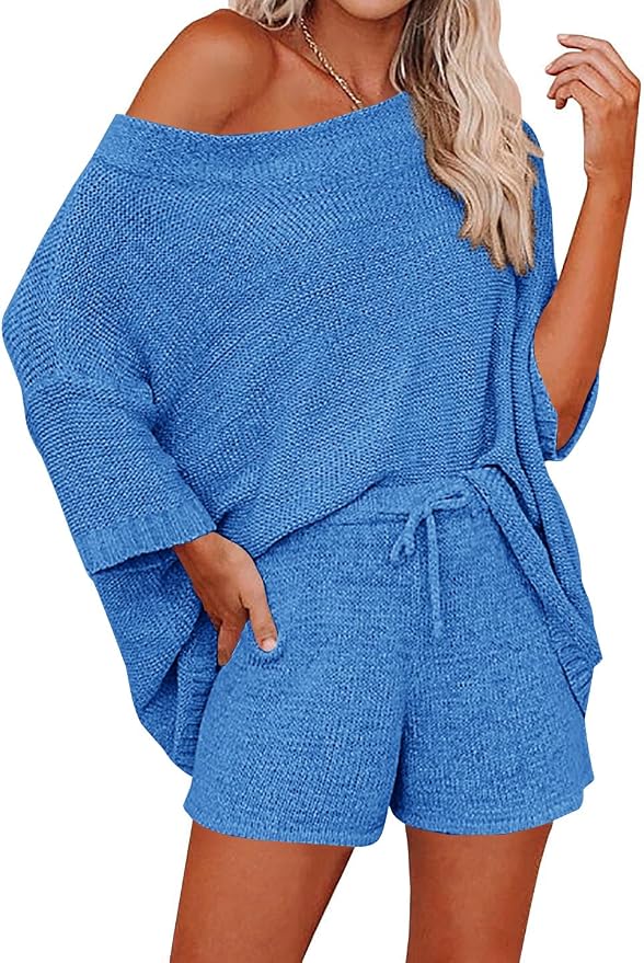 Ermonn Womens 2 Piece Outfits Sweater Sets Off Shoulder Knit Tops Waist Short Suits Casual Pajama Set by Ermonn