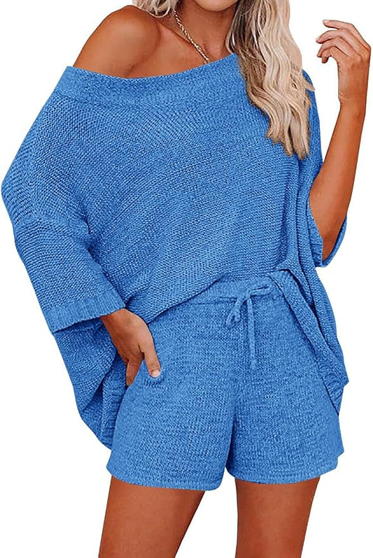 Ermonn Womens 2 Piece Outfits Sweater Sets Off Shoulder Knit Tops Waist Short Suits Casual Pajama Set by Ermonn