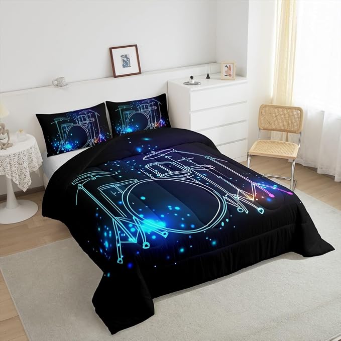 Erosebridal Teens Drum Kit Bedding Set, Kids Boys Hip Hop Comforter Set, Rock Music Theme Quilted Duvet Grunge Style Lightweight Down Comforter for Youth Teenage Bedroom Decor, Blue Bedclothes, Full - Image 4