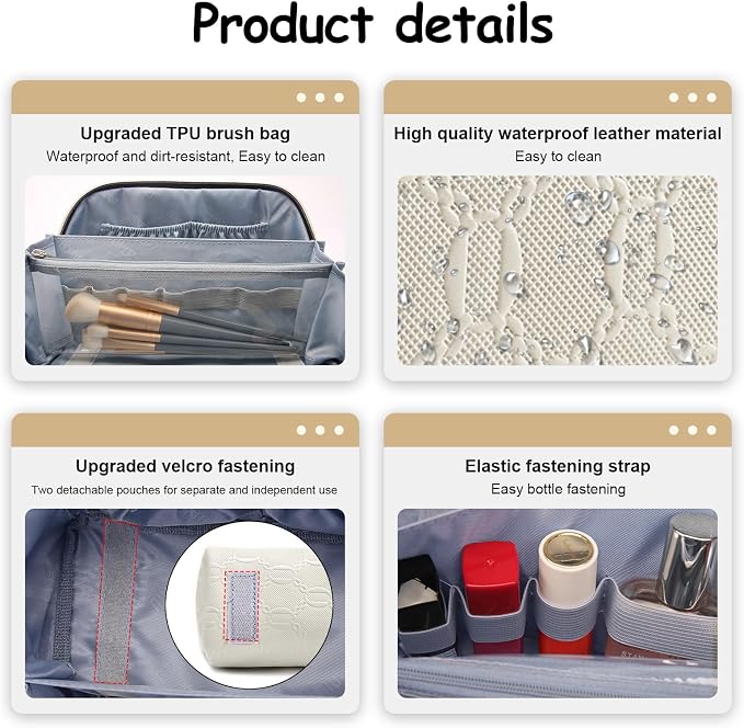 BOYATU Travel Makeup Bag for Women: Cosmetic Organizer Bag with Compartments - Leather Make up Bags Set of 3 (G-2-White) - Image 4
