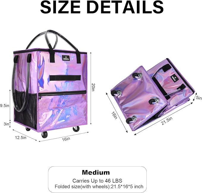 Reusable Grocery Bag on Wheels, Foldable Rolling Tote Bag, Water-Resistant, Zipper Top, Heavy Duty Handle, Lightweight Strong Capacity, Collapsible Portable Shopping Cart, Medium Gradient Purple - Image 3