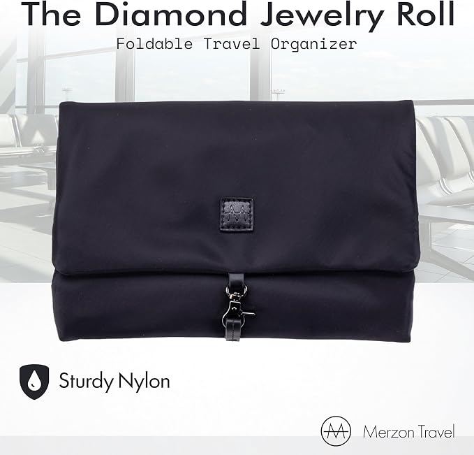 The Diamond Jewelry Roll from, Foldable Travel Jewelry Organizer with Slim Roll Design, Secure Storage for Rings, Necklaces, Earrings, and Bracelets, Sturdy Nylon, HNG-731-BLK, Black - Image 2
