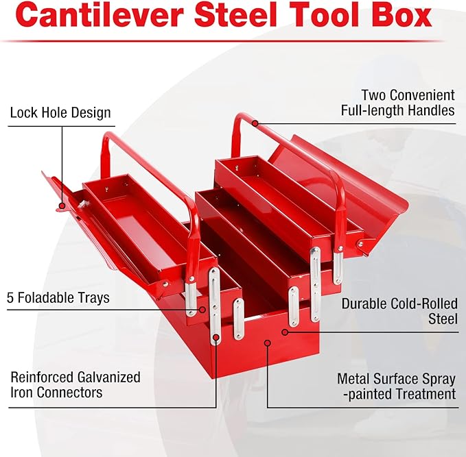 WORKPRO Metal Tool Box, 18-inch Cantilever Folding Red Storage Box, 3-Layer 5-Tray Multi-Function Tool Organizer, Red - Image 2