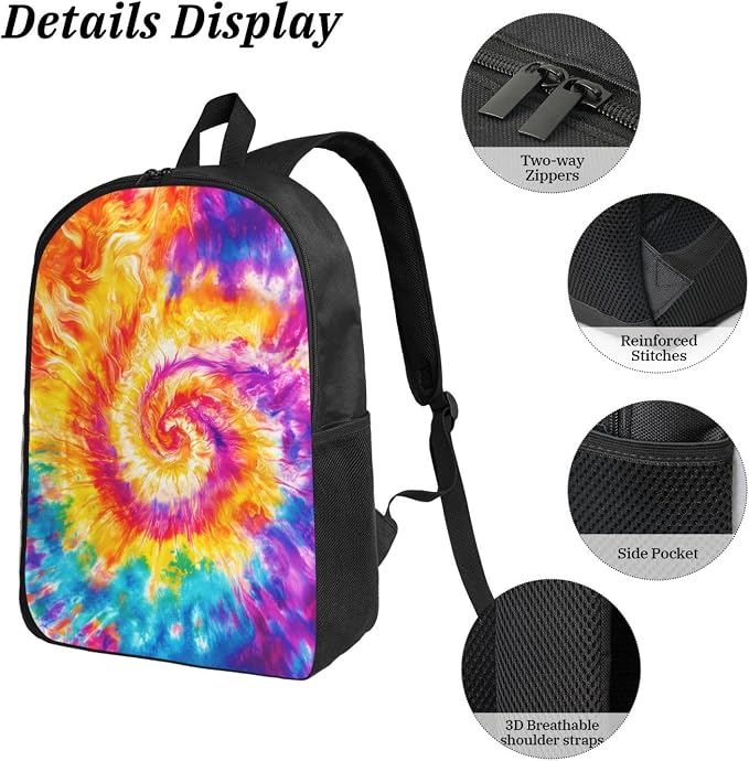 Tie Dye Kid Backpack Set with Lunch Bag & Pencil Case Large Capacity School Bag 17 Inch Bookbag for Boy Girl - Image 5