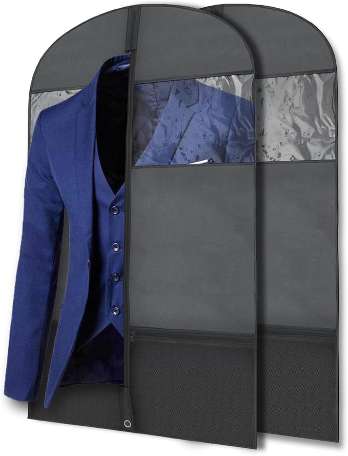 Plixio Garment Bags Suit Bag for Travel and Clothing Storage of Dresses, Dress Shirts, Coats— Includes Zipper and Transparent Window (Black - 2 Pack (No Gusset)) by Plixio