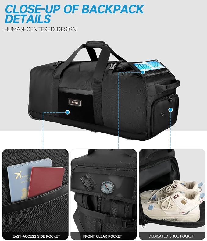 Foldable 120L Rolling Duffle Bag with Wheels | Extra Large Travel Duffle Bag with Shoes Compartment, Backpack Straps Gym Bag for Weekend & Overnight Trips, Camping, Moving | Includes 3 Packing Cubes - Image 7