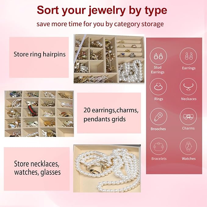 BOOVO Clear Lid Jewelry Box,3 Layers Jewelry Organizer Large Jewelry Storage Box with 2 Drawers,Jewelry Holder Organzier of Rings Earrings Necklace Bracelets for Women (Grey, 3 Layer) - Image 4
