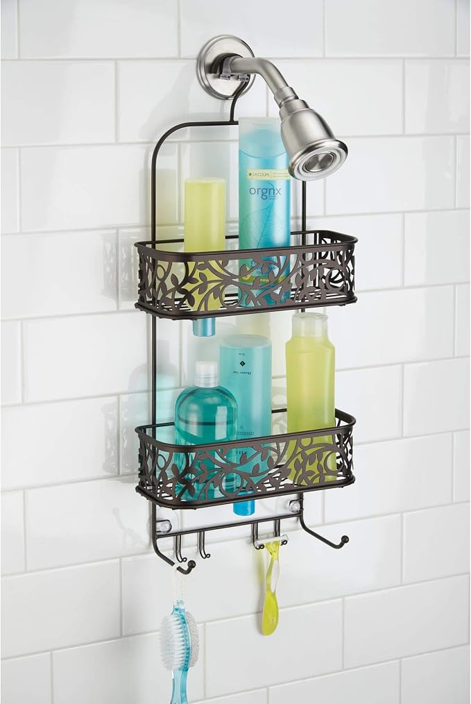 iDesign Vine Metal Wire Hanging Shower Caddy, Extra Wide Space for Shampoo, Conditioner, and Soap with Hooks for Razors, Towels, and More, 10.5" x 4.5" x 25" - Image 2