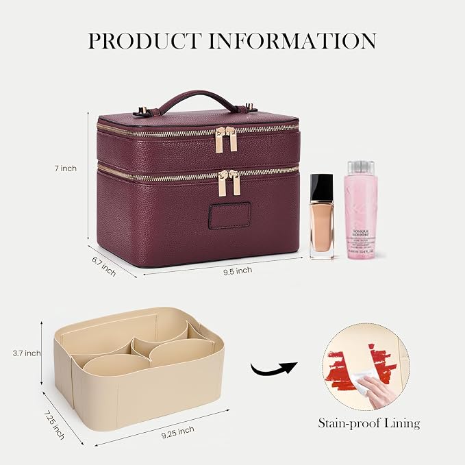 HiTotes Large Makeup Bag Duo Vanity Case for Women Leather Makeup Case Travel Toiletry Bag Portable Double Layer Cosmetic Bag - Image 4