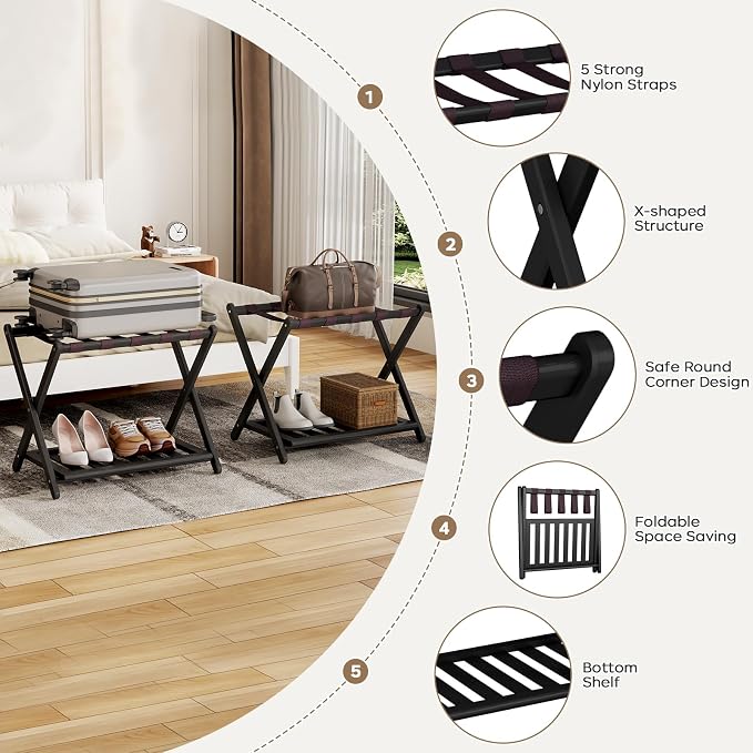 26.77"L Luggage Rack for Guest Room - 1 Pack Full Assembled Luggage Rack Stand for Suitcases, Foldable Luggage Holders with Shoe Shelf, 5 Nylon Straps for Bedroom, Hotel (Black Bamboo Suitcase Stands) - Image 3