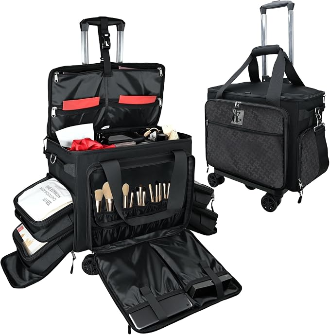 Rolling Makeup Train Case Rolling Cosmetic BagRolling Medicine Bag with 4 Removable Bags, with Brushes Storage Section. with Detachable Dividers (Patent Design)(Black) - Image 2