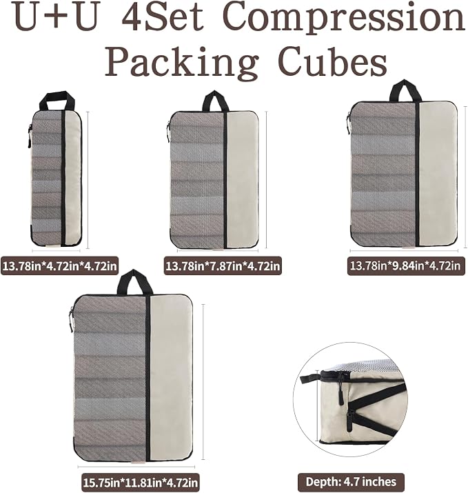 U+U 4 Set Compression Packing Cubes - Ultralight Cream Travel Organizers, Space-Saving Suitcase Organizer, Expandable Packing Cubes for Travel and Family Vacation (Cream) - Image 5