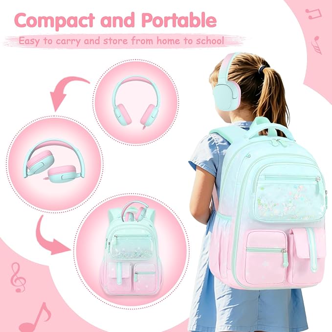 ACESAK Kids Backpack for Girls, Mermaid Backpack Set with Over-ear headphones, Lunch Bag Set for School, Girls Backpack for Elementary Middle school Teen Student(Pink Green) - Image 5