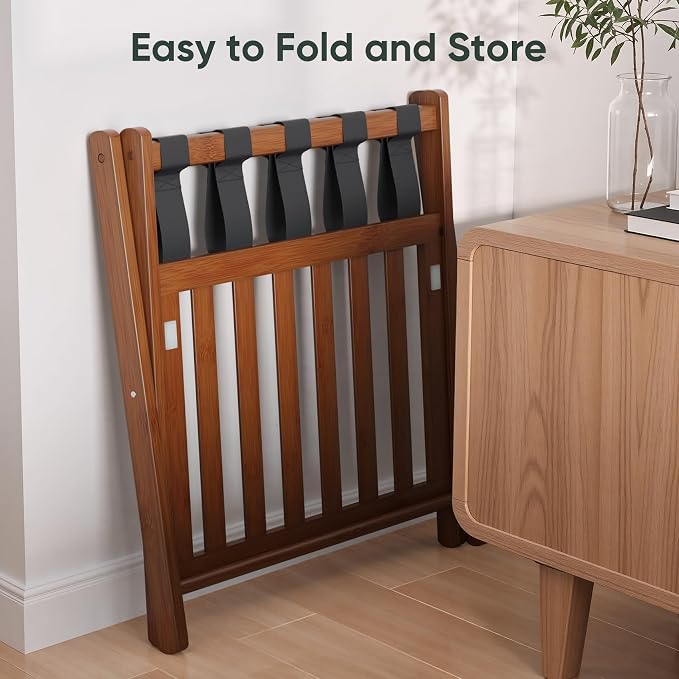 Smart FENDEE Fully Assembled Walnut Luggage Racks Set of 2, Foldable Suitcase Stand with Storage Shelf, Bamboo Luggage Holders for Guest Room, Bedroom, Hotel - Image 6