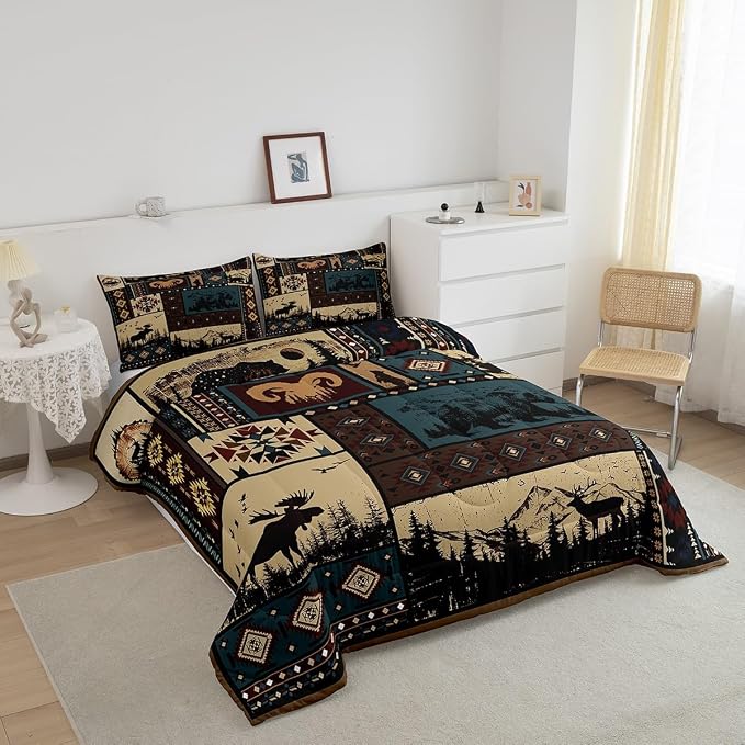 Erosebridal Aztec Comforter Sets Queen Rustic Southwestern American Native Bedding Set,Bear Deer Moose Quilt Retro Indian Style Hunting Animal Duvet Insert with 2 Pillowcases Microfiber - Image 2