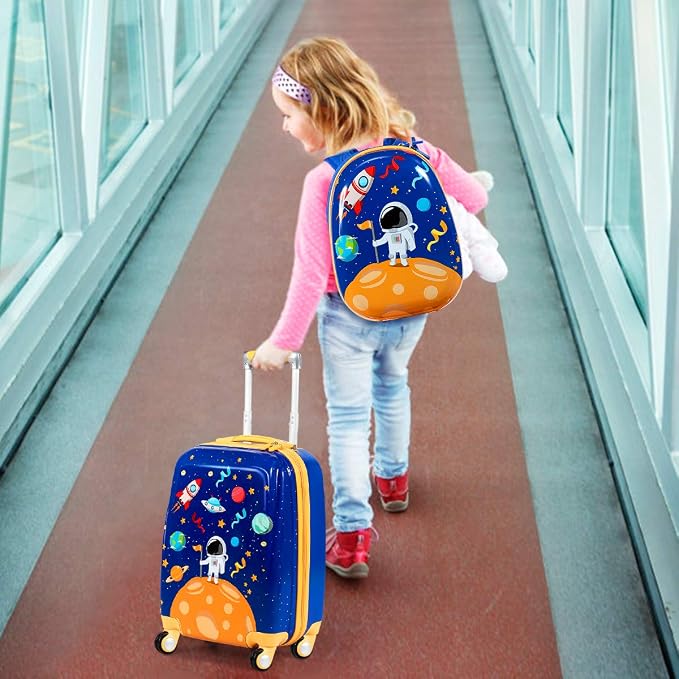 HONEY JOY Kids Luggage, 12" Toddler Backpack & 18" Travel Suitcase with Wheels, Lightweight Toddler Suitcase, Durable ABS Hardshell, 2Pcs Carry On Luggage Set for Boys Girls, Blue Astronaut - Image 3