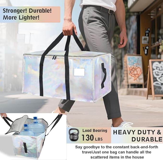 6 Pack-Extra Large Heavy Duty Moving Bags - Waterproof Storage Totes with Handles & Zippers, Foldable for College Dorm, Storage (Shiny Color) - Image 3