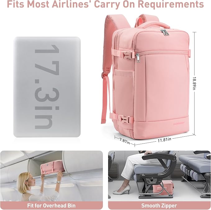 SHOWKOO Laptop Backpack for 17 Inch Laptop, 40L Expandable Large Capacity Backpack, TSA Carry On Travel Backpack with Padded Laptop Compartment, Water-Resistant College & Commuter Bag, Pink - Image 3