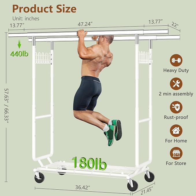 Hoctieon 2-Minute Assembly Double Rod Clothes Rack, Heavy Duty Rolling Clothing Racks with Wheels, Foldable Commercial Garment Rack, Extendable Hanging Bar, Adjustable Metal Pole with Hooks, White - Image 9