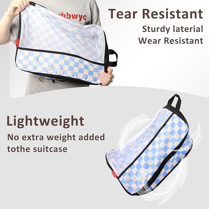 U+U 8 Set Compression Packing Cubes - Ultralight Travel Organizers with Laundry Bag and Cosmetic Bag, Space-Saving Suitcase Organizer for Travel, Business Trip and Family Vacation (Blue Checkered) - Image 5
