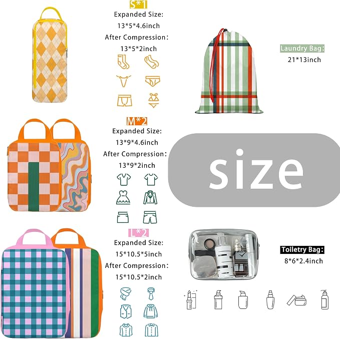8 Pcs Compression Packing Cubes for Travel, Lightweight Waterproof Luggage Organizer Bags Set, Washable Packaging Cubes for Women Backpack Carry-On Suitcases - Image 3