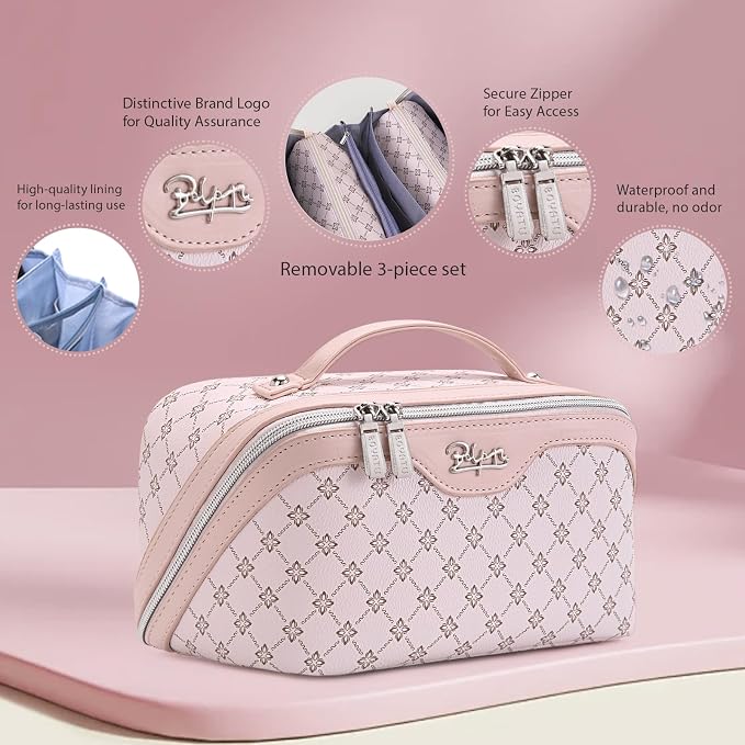 BOYATU Travel Makeup Bag Cosmetic Bags for Women: 3 Pcs Set Large Capacity Make up Bag with Handle - Vegan Leather Toiletry Bags with Compartments - Makeup Organizer for Travel Essentials(A-3-Pink) - Image 2