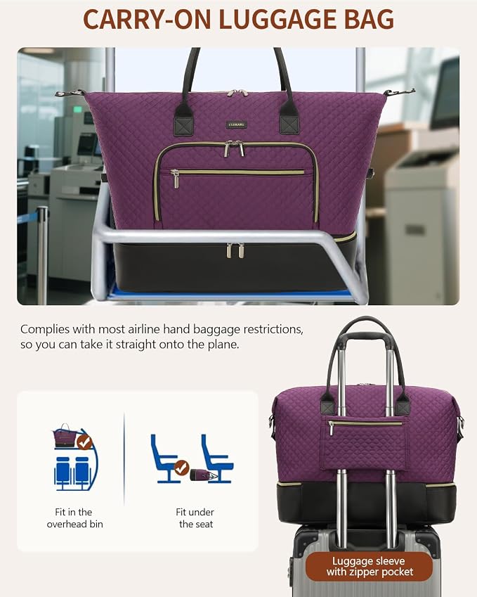 Weekender Bags for Women Travel, Under Seat Carry On Bags for Airplanes Overnight Bag with Shoe Compartment Luggage Sleeve, Foldie Travel Tote Bag Hospital Bag, Travel Gifts, Purple Black - Image 7