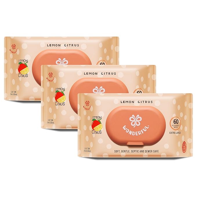 WONDERFUL Flushable Butt Wipes, Lemon Citrus 100% Plant-Based Wet Wipes for Adults & Kids; Sewer, Septic Safe; Gentle on Sensitive Skin, Wipes Flushable Pack for Bathroom & Travel, 3-Pack (180 Counts)