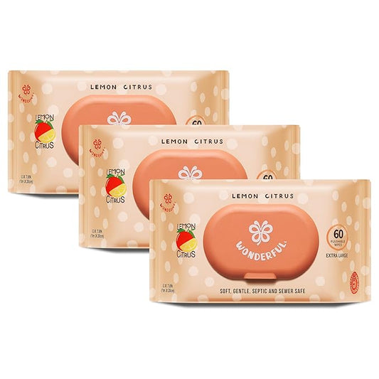 WONDERFUL Flushable Butt Wipes, Lemon Citrus 100% Plant-Based Wet Wipes for Adults & Kids; Sewer, Septic Safe; Gentle on Sensitive Skin, Wipes Flushable Pack for Bathroom & Travel, 3-Pack (180 Counts)